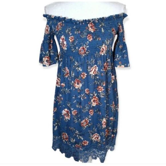 XHILARATION BLUE/GREEN FLORAL SMOCKED OFF-THE-SHOULDER DRESS SZ.S EUC. - Picture 2 of 9